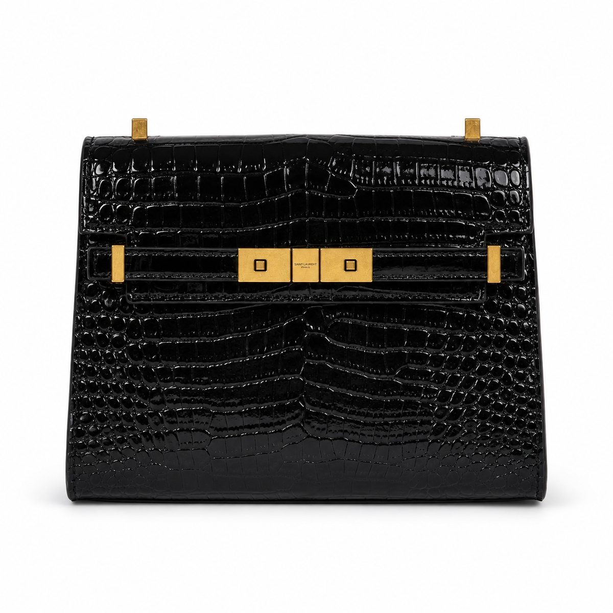 Дамска чанта - Saint Laurent Manhattan crocodile-embossed Shoulder Bag - естествена телешка лакова кожа с крокодилски ефект